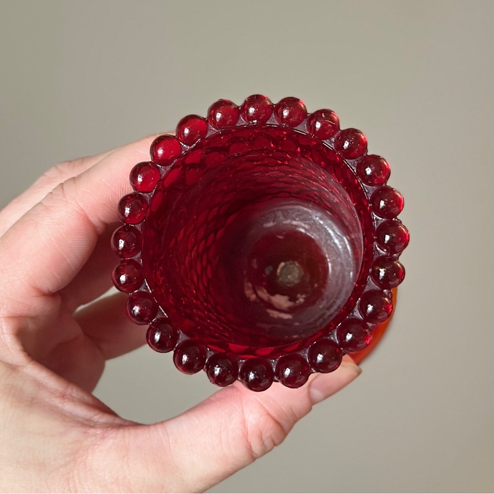 Vintage Red Hobnail Glass Pedestal Footed Candleholder 4” - Picture 3 of 4